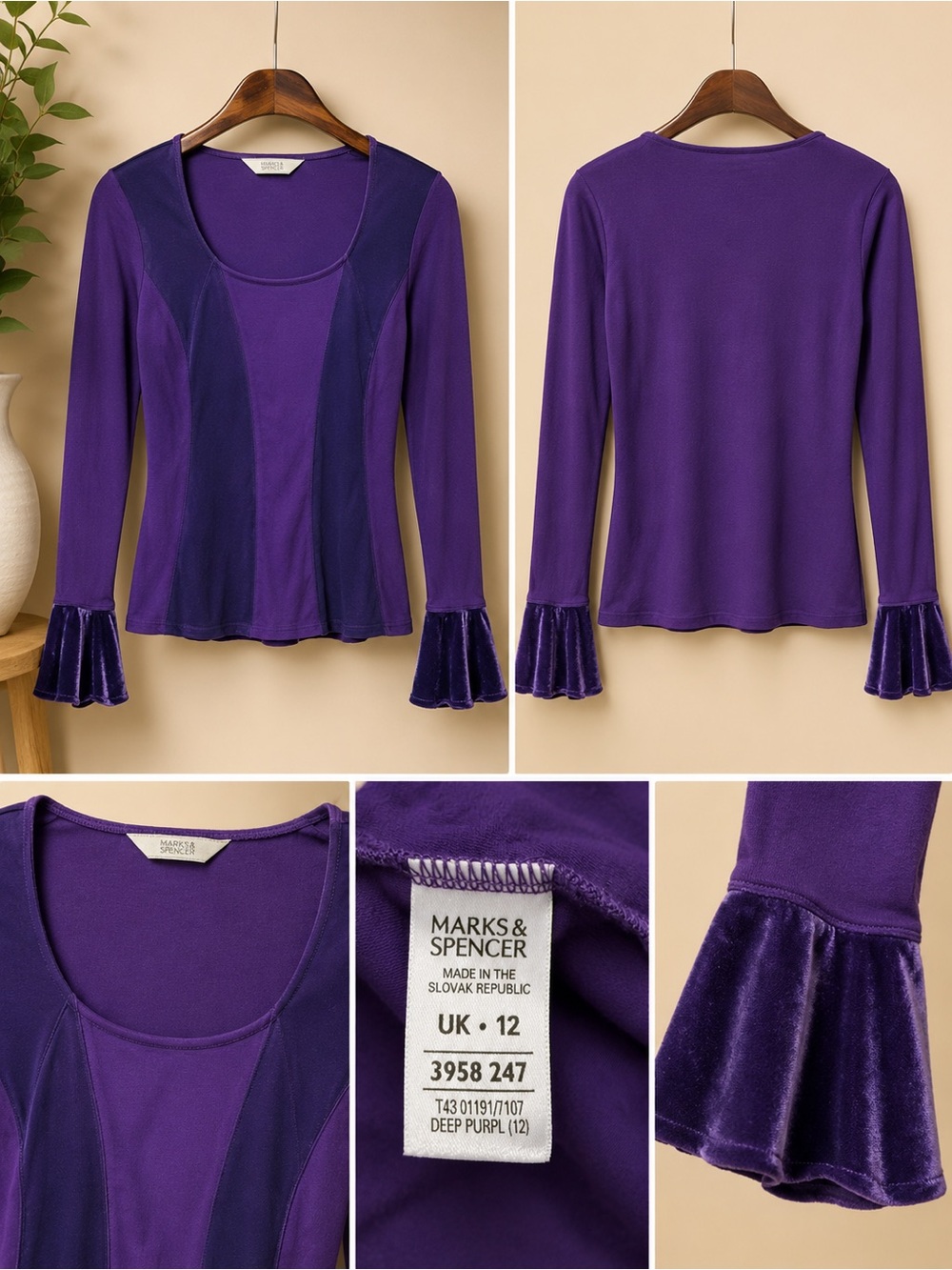 Marks & Spencer Deep Purple Velvet-Cuff Long Sleeve Top